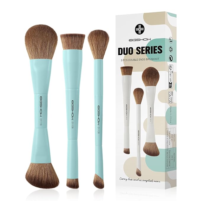 EIGSHOW Makeup Brush Set, 3Pcs Dual Ended Face Makeup Brushes for Foundation Powder Contour Highlight Concealer Nose Shadow, Travel Gift Set (Cyan)-FemmiqueWomen