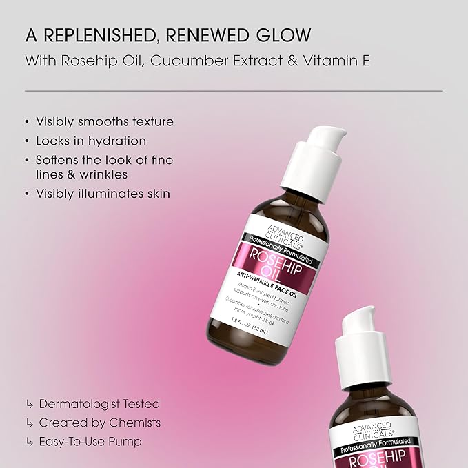 Advanced Clinicals Rosehip Oil For Face With Vitamin E + Botanicals Helps Improve Look Of Dark Spots, Wrinkles, Fine Lines, & Uneven Looking Skin Tone | Moisturizing Skin Care Face Serum, 2-Pack-FemmiqueWomen