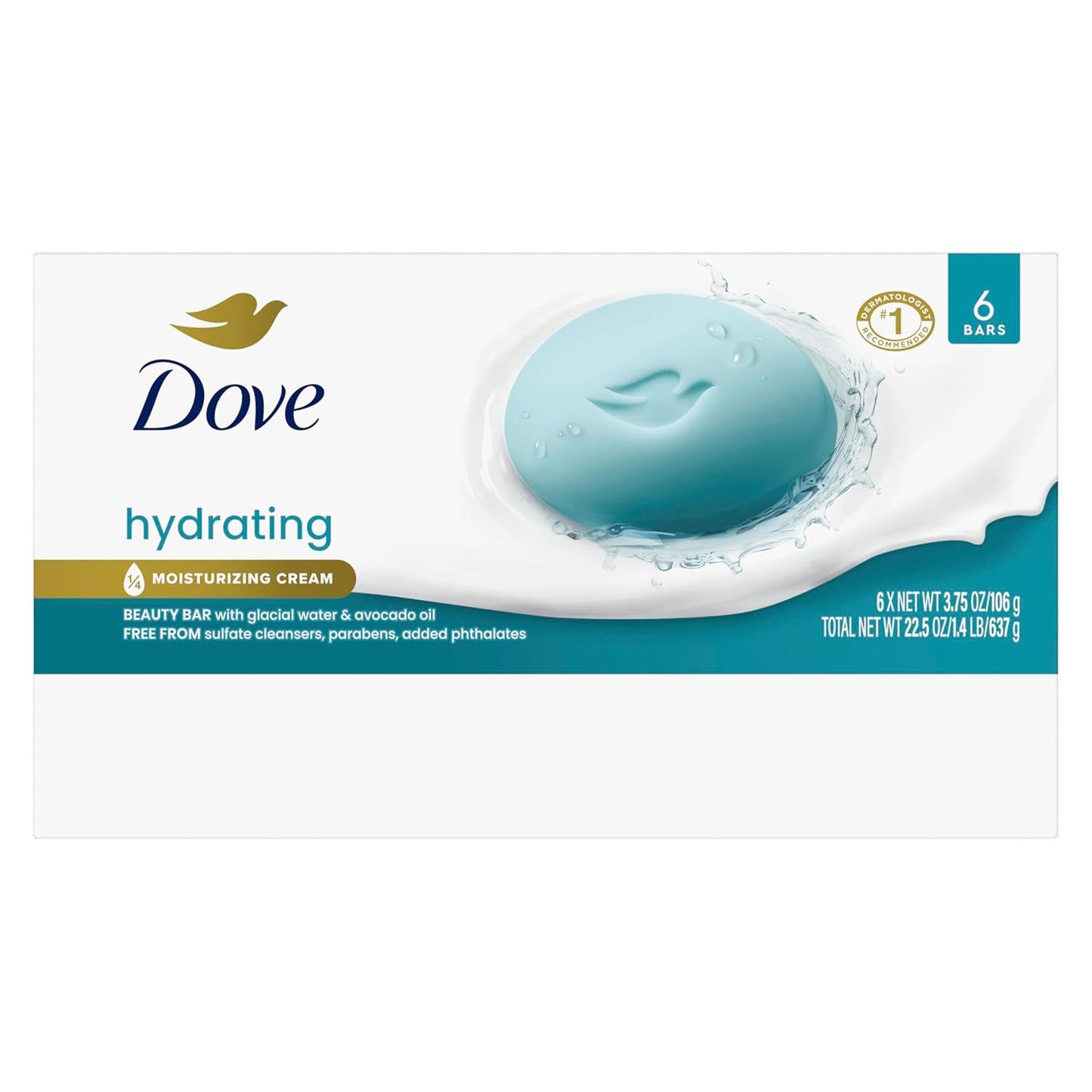 Dove Beauty Bar 6 Pack Hydrating with Glacial water & Avocado oil Cleanses & Hydrates 3.75 Oz-FemmiqueWomen