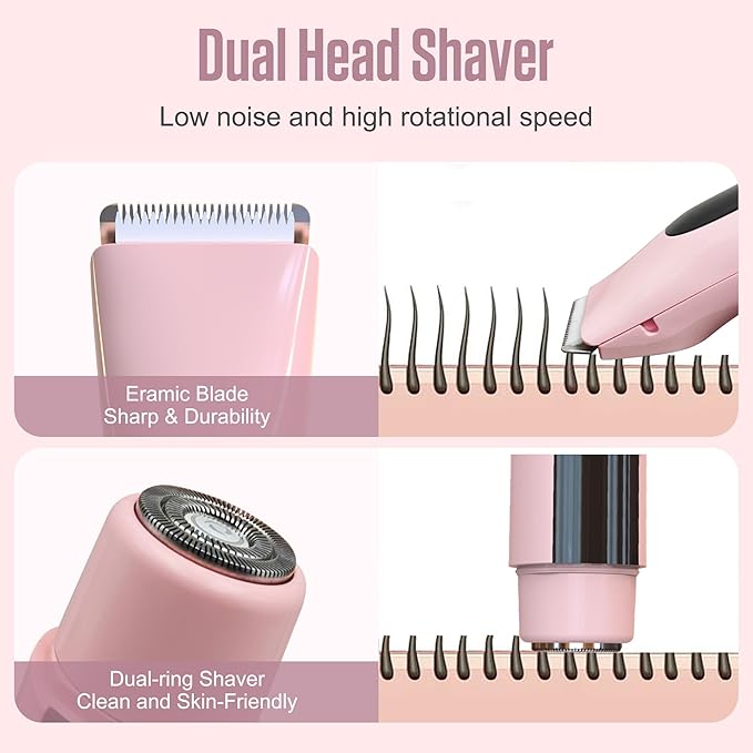 2 in 1 Bikini Trimmer for Women Dual Head Electric Shaver with LED Display,IPX7 Waterproof Wet & Dry, Painless Shaver for Underarm Leg Arm Body Face Private Area Pink-FemmiqueWomen