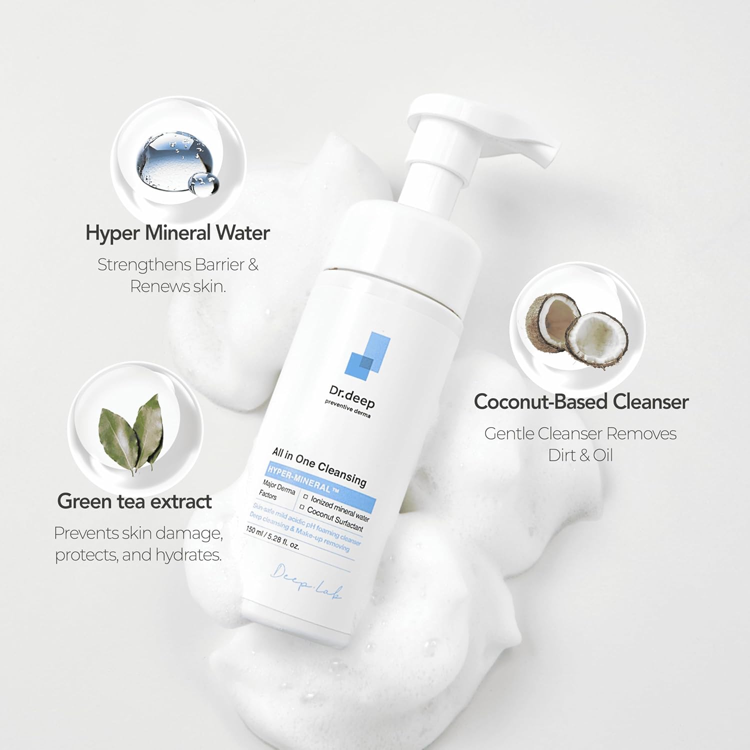 Dr.Deep All in One Cleansing - Korean Foaming Facial Cleanser for Bumpy Skin & Blackheads, Makeup Removing Cleanser & Gentle Face Wash for All Skin Types - 5.07 fl. oz-FemmiqueWomen