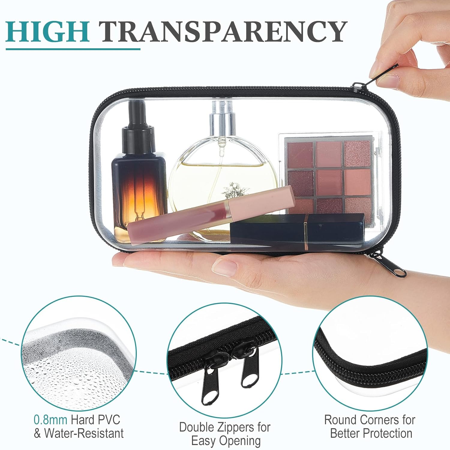 Hoolerry 3 Pcs Clear Hard Zipper Case Plastic Pouch Transparent Hard Case Clear Makeup Bag Portable Travel Organizer Bin for Cosmetics, Building Blocks, Puzzles(Black,S)-FemmiqueWomen