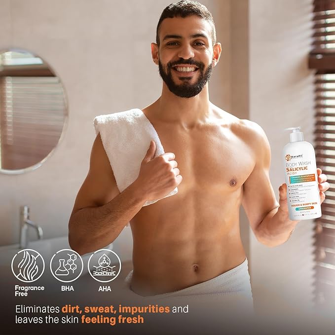 Salicylic Acid Body Wash - Skin Non-drying, Gentle Exfoliates Rough and Bumpy Skin, Body Acne Wash, BHA & AHA - Unscented Exfoliating Body Wash, Made in USA - (16 fl oz x 2)-FemmiqueWomen