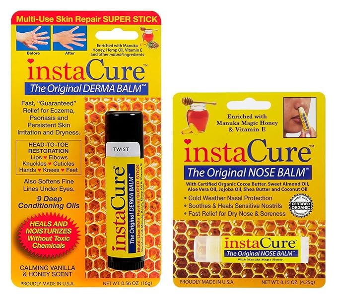 InstaCure's Original Nose Balm with Manuka Honey. Fast Relief for Cracked, Dry & Sore Noses + InstaCure Original Derma Balm Jumbo-Sized Skin Revival Tube. Soothes & Heals Dry, Irritated Skin-FemmiqueWomen