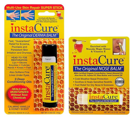 InstaCure's Original Nose Balm with Manuka Honey. Fast Relief for Cracked, Dry & Sore Noses + InstaCure Original Derma Balm Jumbo-Sized Skin Revival Tube. Soothes & Heals Dry, Irritated Skin-FemmiqueWomen