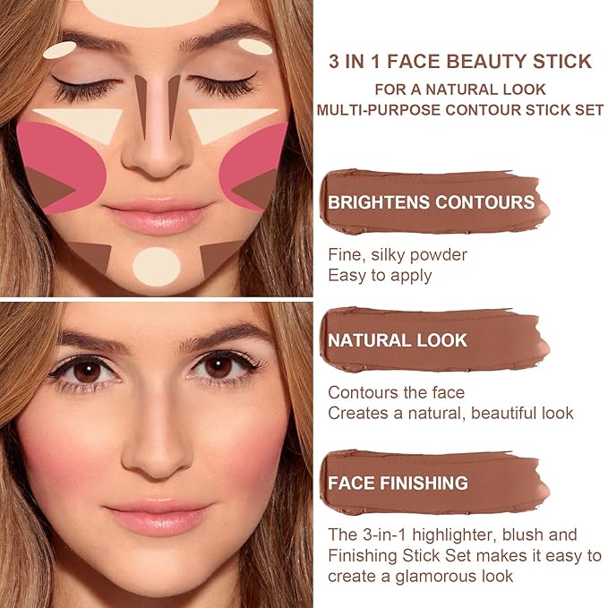 3 Colors Cream Contour Stick, Shades with Highlighter Stick,Blush Stick and Bronzer Contour Stick for Sculpt the Cheeks,Long Lasting,Waterproof,Matte & Dewy Finish for Women (LIGHT(1+3+4))-FemmiqueWomen