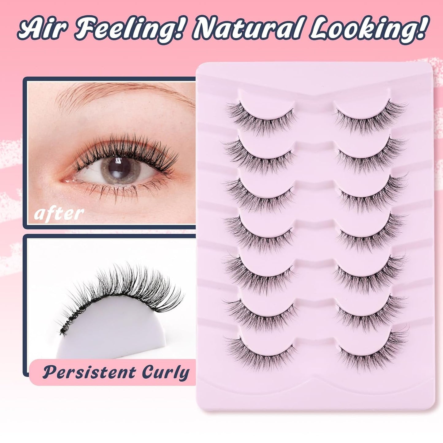Natural Lashes Wispy Cat Eye Lashes 12mm False Eyelashes Natural Look Strip Lashes Thin Cotton Band Soft Eyelashes 3D Volume Lashes Pack C Curl Siligli Eyelashes 7 Pair-FemmiqueWomen