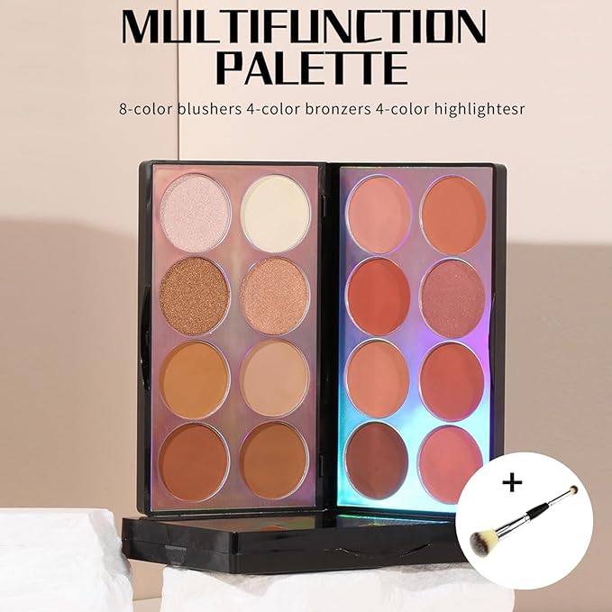 16 Colors Blush Contour Highlighter Makeup Palette with Brush, Shimmer Matte Mineral Face Blush Powder for Cheek, All in One Face Sculpting Bronzer Blusher Illuminator Concealer Palette-FemmiqueWomen