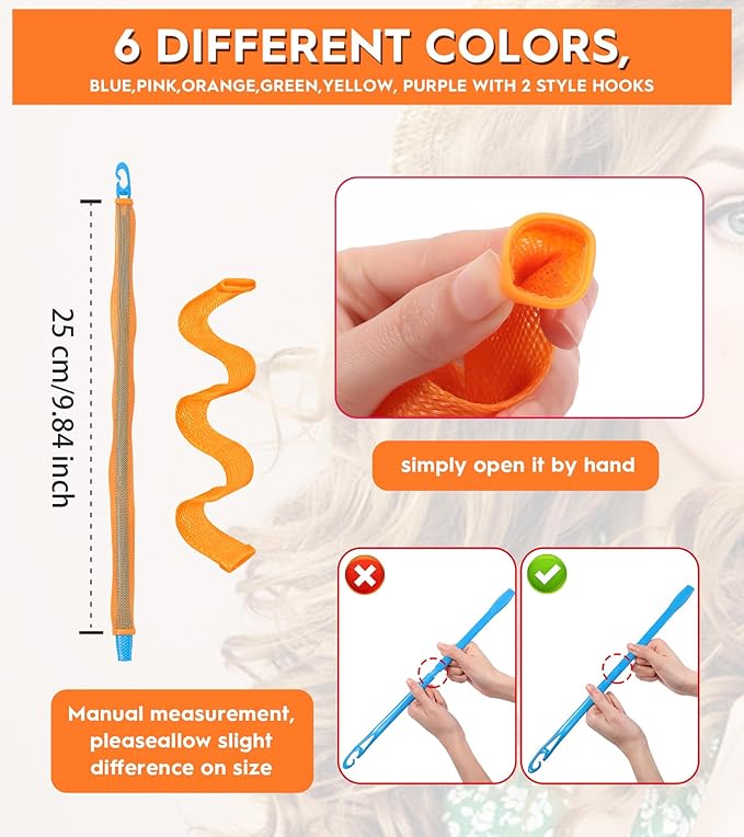 30 Pcs Heatless Hair Curlers Wave Curls Styling Kit with 2 Pcs Styling Hooks, No Heat Hair Curlers Heatless Wave Curlers for Women Girls Short Hair (6 Colors, 25 cm/9.84 inch)-FemmiqueWomen