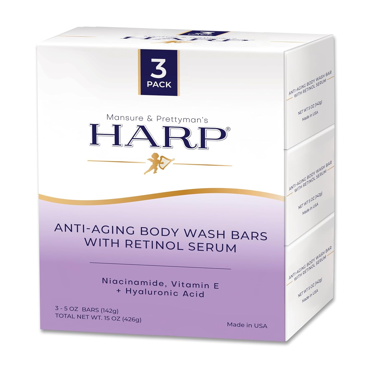 HARP Anti-Aging Body Wash Bar With Retinol + Niacinamide, Vitamin E, Hyaluronic Acid. 100% Syndet Base. Soap/Lye-Free and FRAGRANCE FREE (3-Pack, Anti-Aging Serum)-FemmiqueWomen