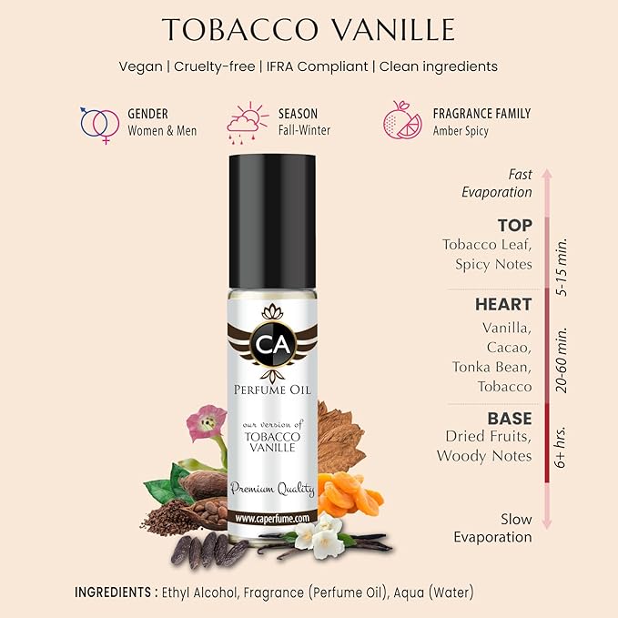 CA Perfume Impression of Tobacco Vanille For Men and Women Fragrance Body Oil Dupes Alcohol-Free Roll-On 0.3 Fl Oz/10ml-FemmiqueWomen