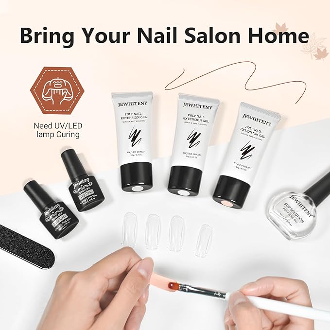 JEWHITENY Poly Extension Gel Nail Set Clear White Pink Poly Nail Gel With Slip Solution Base Coat Top Coat French Manicure for Finger Art and Home DIY Need U V Lamp Curing-FemmiqueWomen