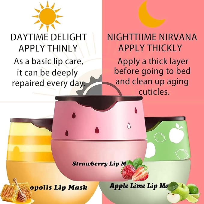 3 PCS Lip Balm Honey Pot, Honey Apple Strawberry Lip Masks Overnight, Propolis Moisturizing Lip Sleeping Mask, Prevention Dry Crack Lip Repair Nourishes the Lip Skin and Lip Wrinkle Care.-FemmiqueWomen