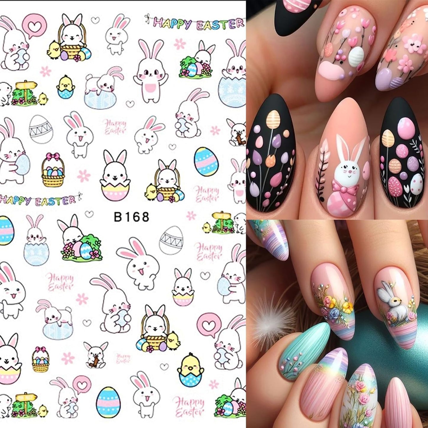 12 Sheets Easter Nail Art Stickers 3D Self Adhesive Cute Bunny Nail Stickers for Nail Art Colorful Egg Nail Decals Easter Nail Supplies for Women Girls-FemmiqueWomen