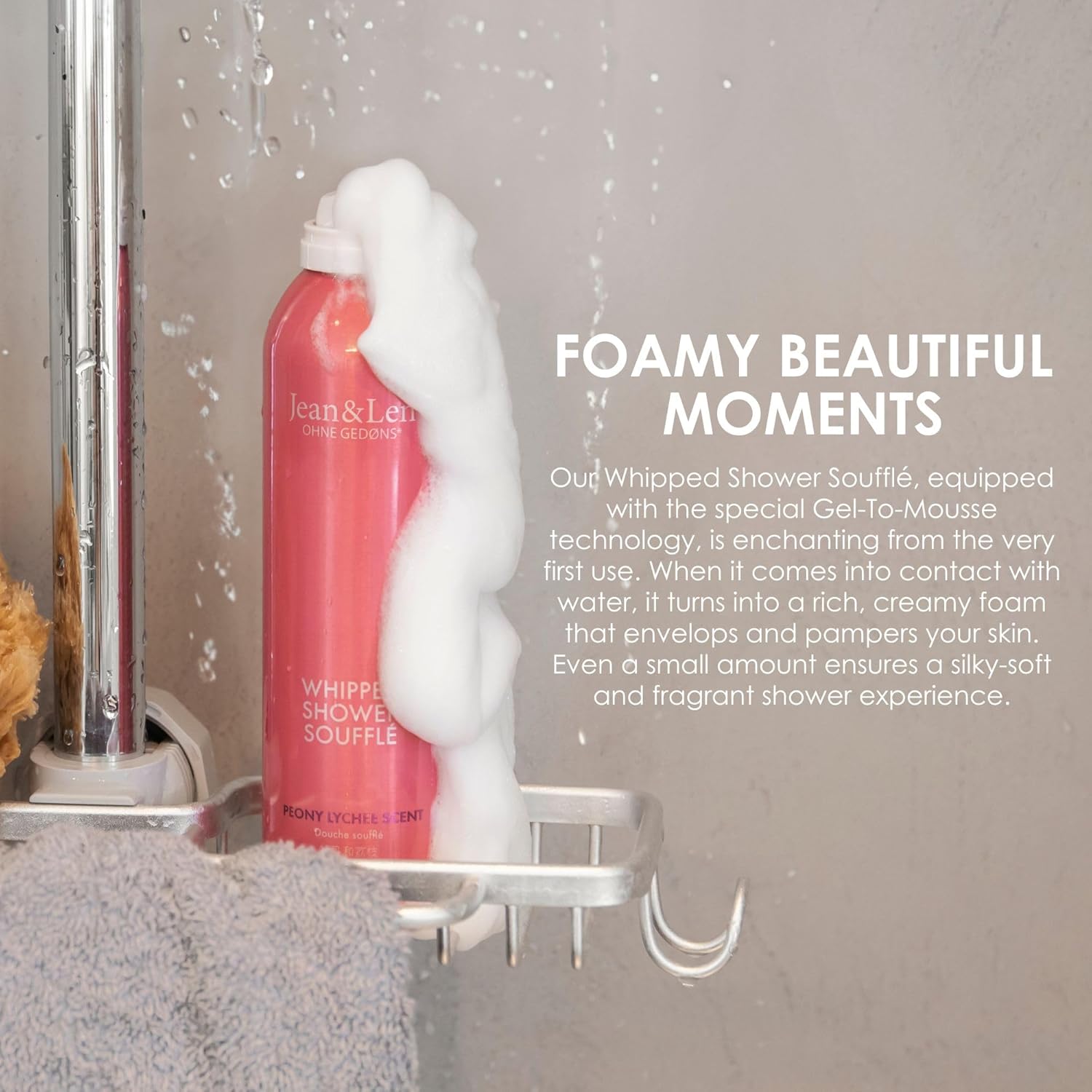 Jean & Len Shower Soufflé Peony & Lychee, with almond, jojoba & babussa oil, for a fragrant cleansing experience, for normal to dry skin, shower foam, without parabens & silicones, vegan, 6.76 Fl. Oz.-FemmiqueWomen