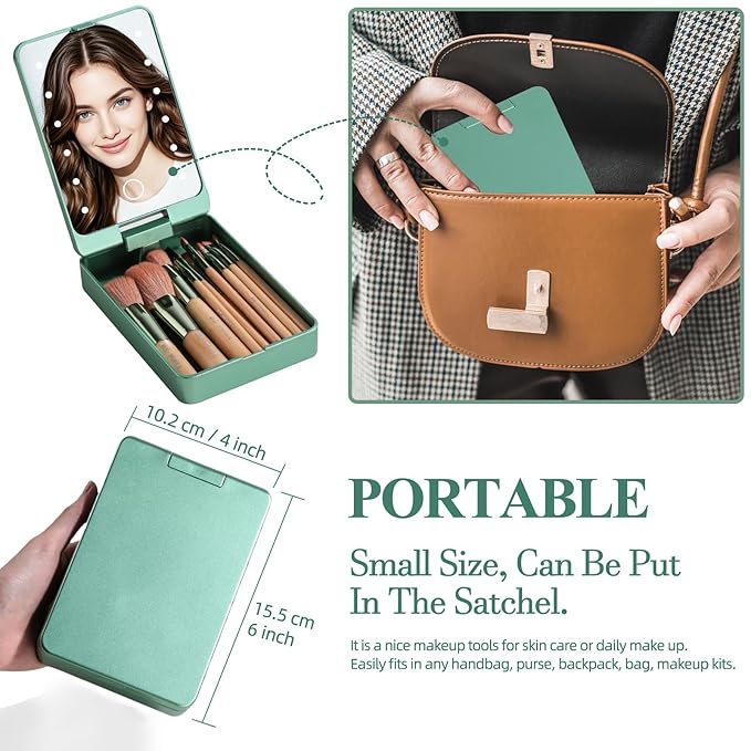 BS-MALL Travel Makeup Brush Set Foundation Powder Concealers Eye Shadows Makeup Set with LED light Mirror 14 Pcs (Green)-FemmiqueWomen