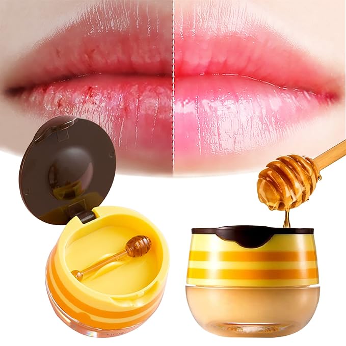 2PCS Bee Lip Balm Honey Pot, Honey Pot Lip Balm for Dry Cracked Lips, Strawberry Lip Balm Scrubs Exfoliator & Moisturizer, Hydrating Lip Balm Honey Pot with Wand, Lip Sleeping Mask (A)-FemmiqueWomen