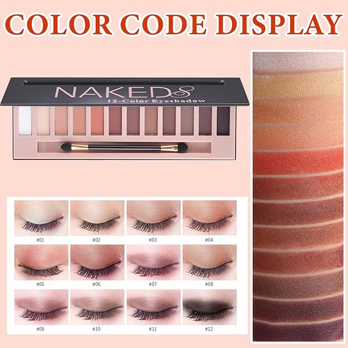 12 Color Naked Eyeshadow Palette,Matte Earth Color Eyeshadow,Natural Nude Eyeshadow Palette,Professional Waterproof and Smudge Proof Eye Shadow Palette Kit,Eye Makeup Set for Women（A）-FemmiqueWomen