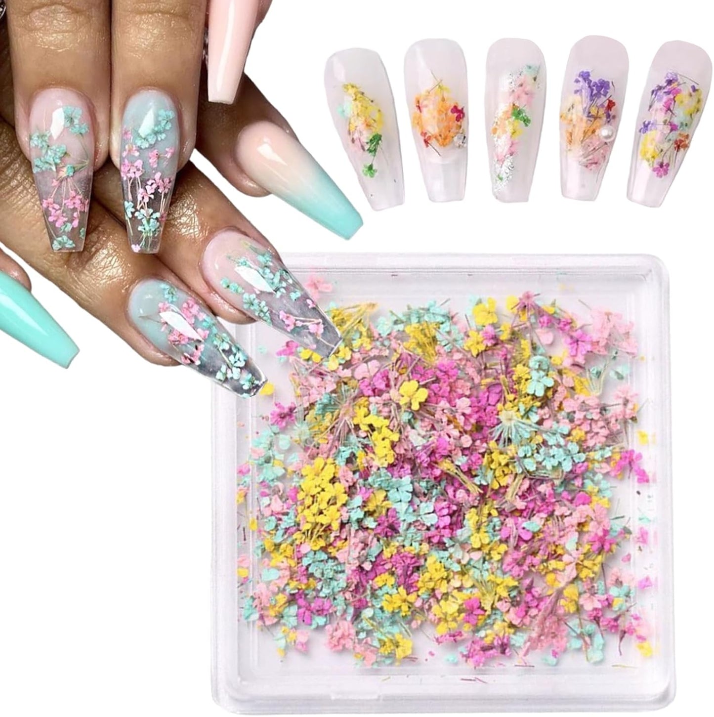 1 Box of Dried Flower Nail Stickers, Colored Dried Flower Nail Stickers, mini Real Flowers, Natural Flowers, 3D Baby's Breath Floral Art, Ladies and Girls DIY Nail Art Decoration-FemmiqueWomen