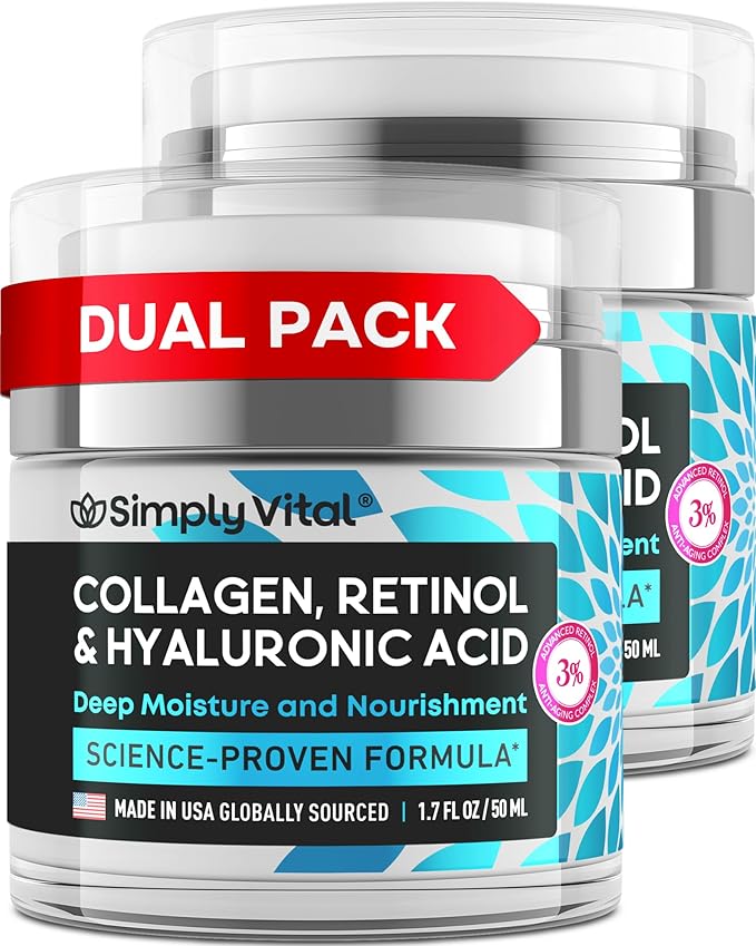 SimplyVital Collagen Face Moisturizer - Anti-Aging Retinol Cream for Face, Neck & Décolleté with Hyaluronic Acid - Made in USA, Daily Moisturizer Face Cream, 2-Pack-FemmiqueWomen
