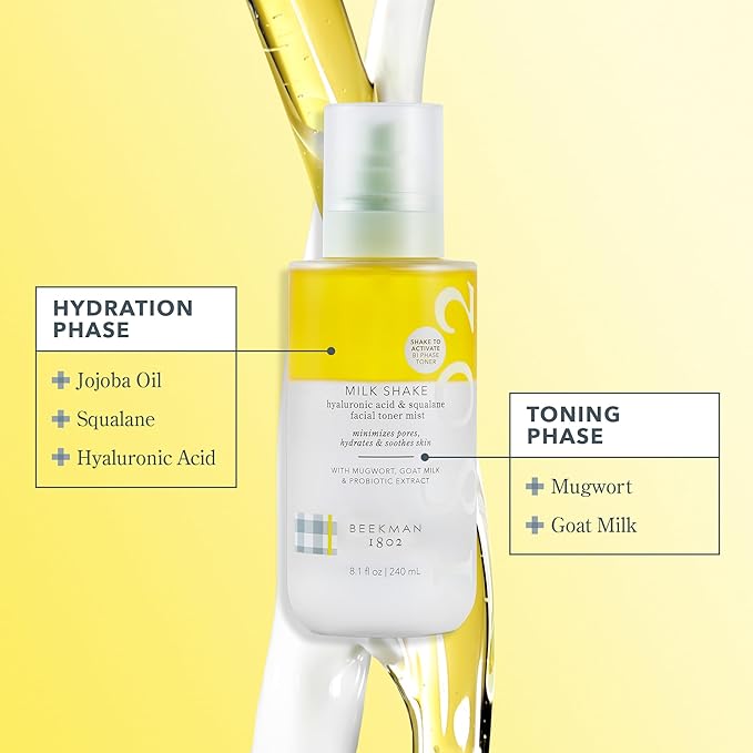 Beekman 1802 Milk Shake Hydrating Face Mist - Hyaluronic Acid & Squalane Facial Mist Minimizes Pores & Gently Moisturizes - Goat Milk Skin Toner Spray - Lightweight, Fragrance-Free Travel Toner-FemmiqueWomen