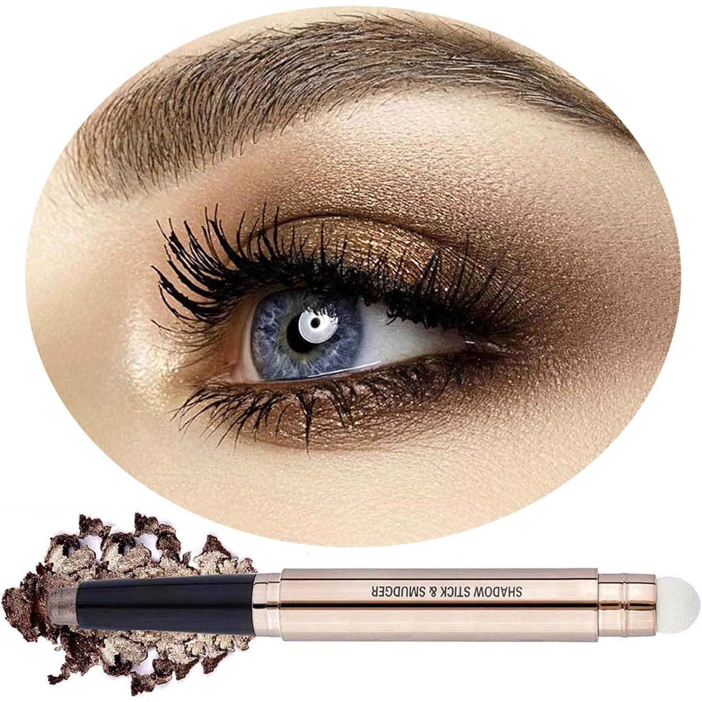 2 in 1 Cocoa Brown Eyeshadow Sticks and Sponge Makeup Brush Silky Cream Glitter Eyeshadow Pencil Crayon Long Lasting Waterproof Eye shadow Highlighter Stick Pen(Thriving brown shimmer 07#)-FemmiqueWomen