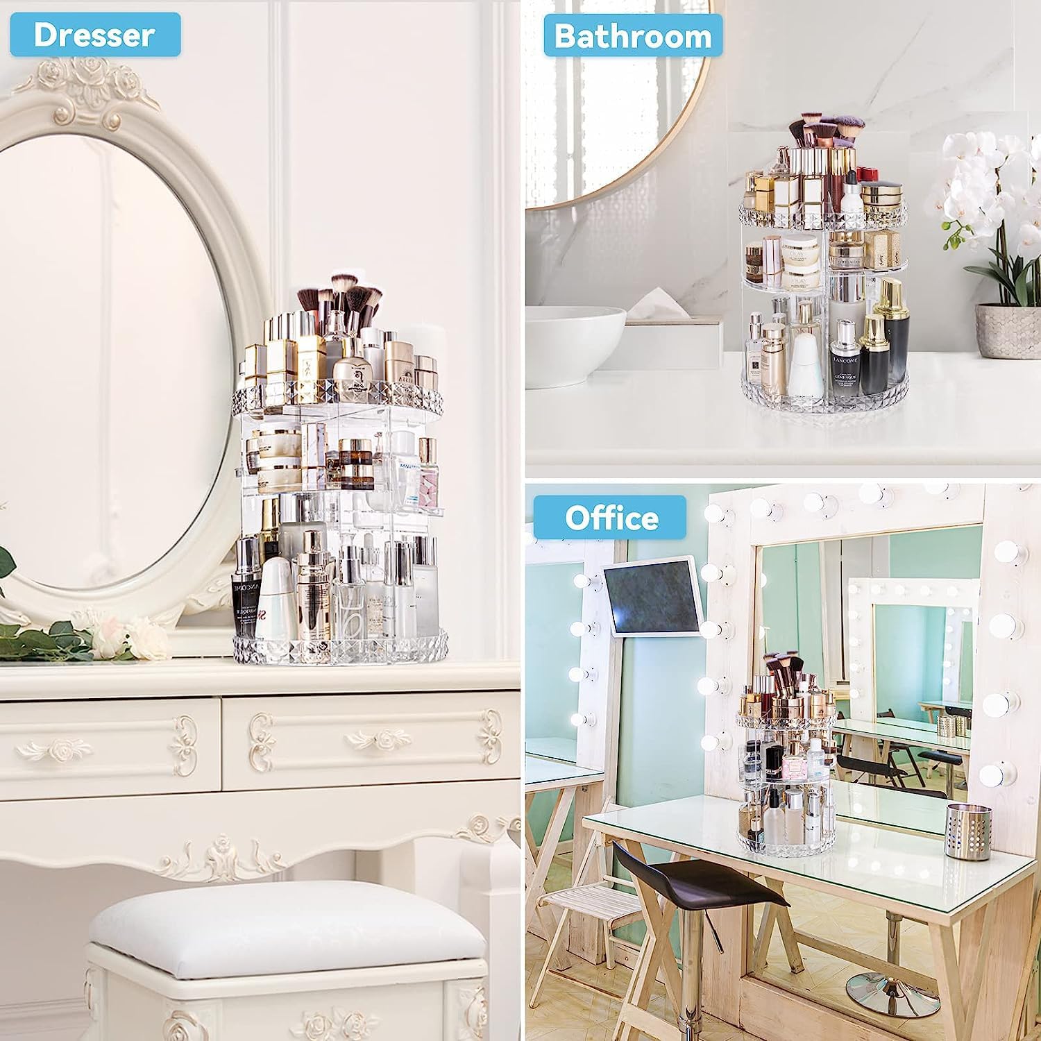 ZHIAI 360 Rotating Makeup Organizer, Large Capacity Cosmetics Organizer for Perfume Holder Organizer Countertop, DIY Adjustable Bathroom Makeup Carousel Holder Rack, Clear Diamond-FemmiqueWomen