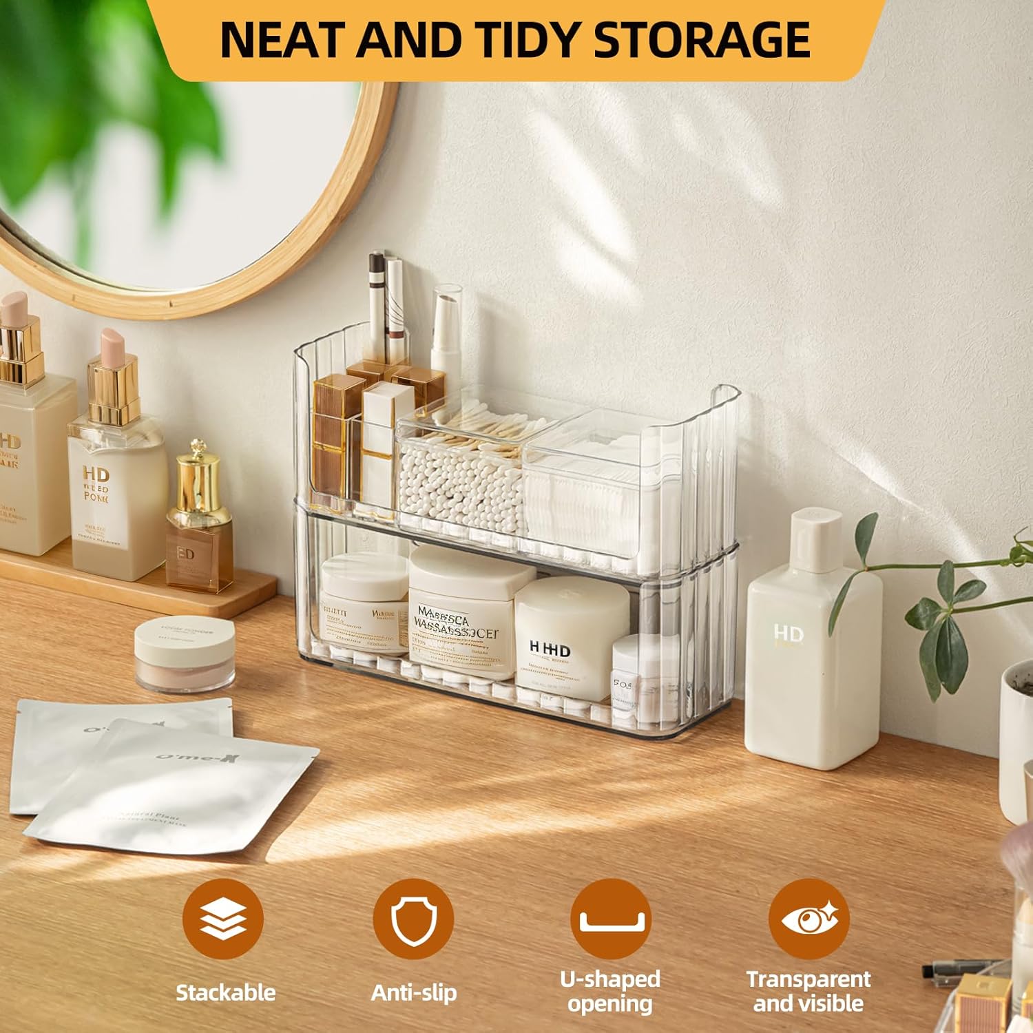 2-Tier Stackable Medicine Cabinet Organizer, Narrow Bathroom Makeup Organizer with Lipstick Holders & Cotton Swab Cases, Clear Countertop Shelf for Mirror Cabinet and Vanity-FemmiqueWomen