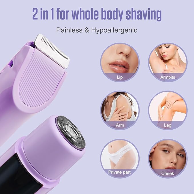 2 in 1 Bikini Trimmer for Women Dual Head Electric Shaver with LED Display,IPX7 Waterproof Wet & Dry, Painless Shaver for Underarm Leg Arm Body Face Private Area Purple-FemmiqueWomen