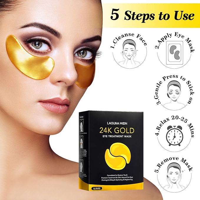 24K Gold Eye Mask, Anti-Aging Hydrolyzed Collagen and Hyaluronic Acid Under Eye Patches for Puffy Eyes & Bags, Dark Circles and Wrinkles, 16 pairs-FemmiqueWomen