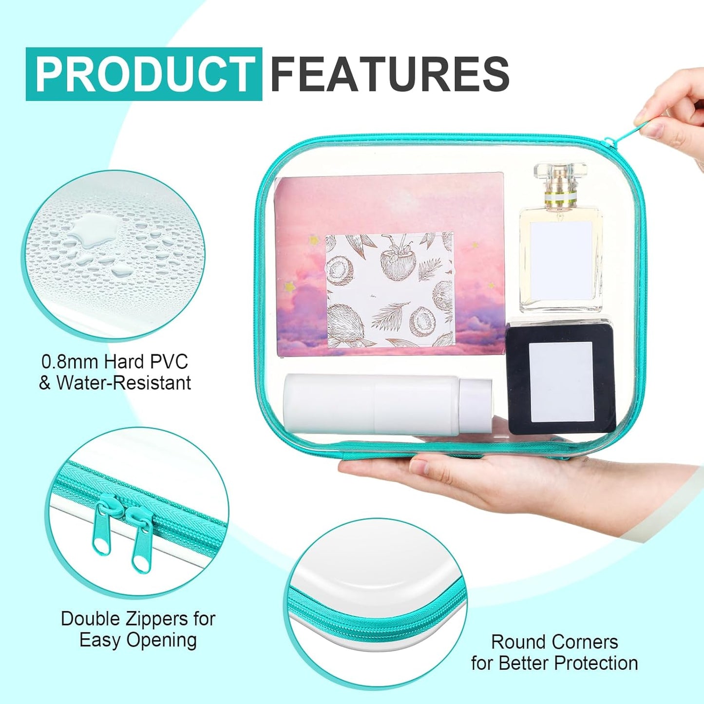 Sanwuta 6 Pcs Clear Hard Zipper Case Pencil Pouches Hard Plastic Zipper Pouches Makeup Bag Transparent Cases for Snacks Plastic Storage Organizer Box for Travel(Teal,9.84 x 7.87 x 2 Inch)-FemmiqueWomen