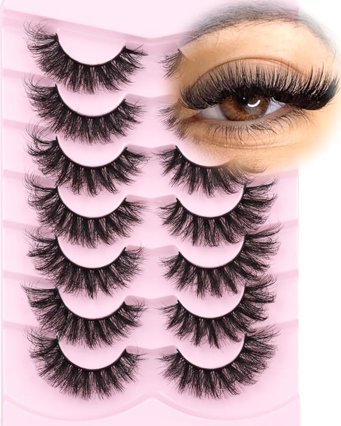 Mink Lashes Fluffy D-Curl False Eyelashes 20mm Long Volume Lashes That Look Like Extensions Cat Eye Fake Lashes Faux Mink Strip Lashes Pack 7 Pairs-FemmiqueWomen