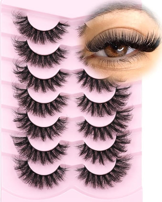Mink Lashes Fluffy D-Curl False Eyelashes 20mm Long Volume Lashes That Look Like Extensions Cat Eye Fake Lashes Faux Mink Strip Lashes Pack 7 Pairs-FemmiqueWomen