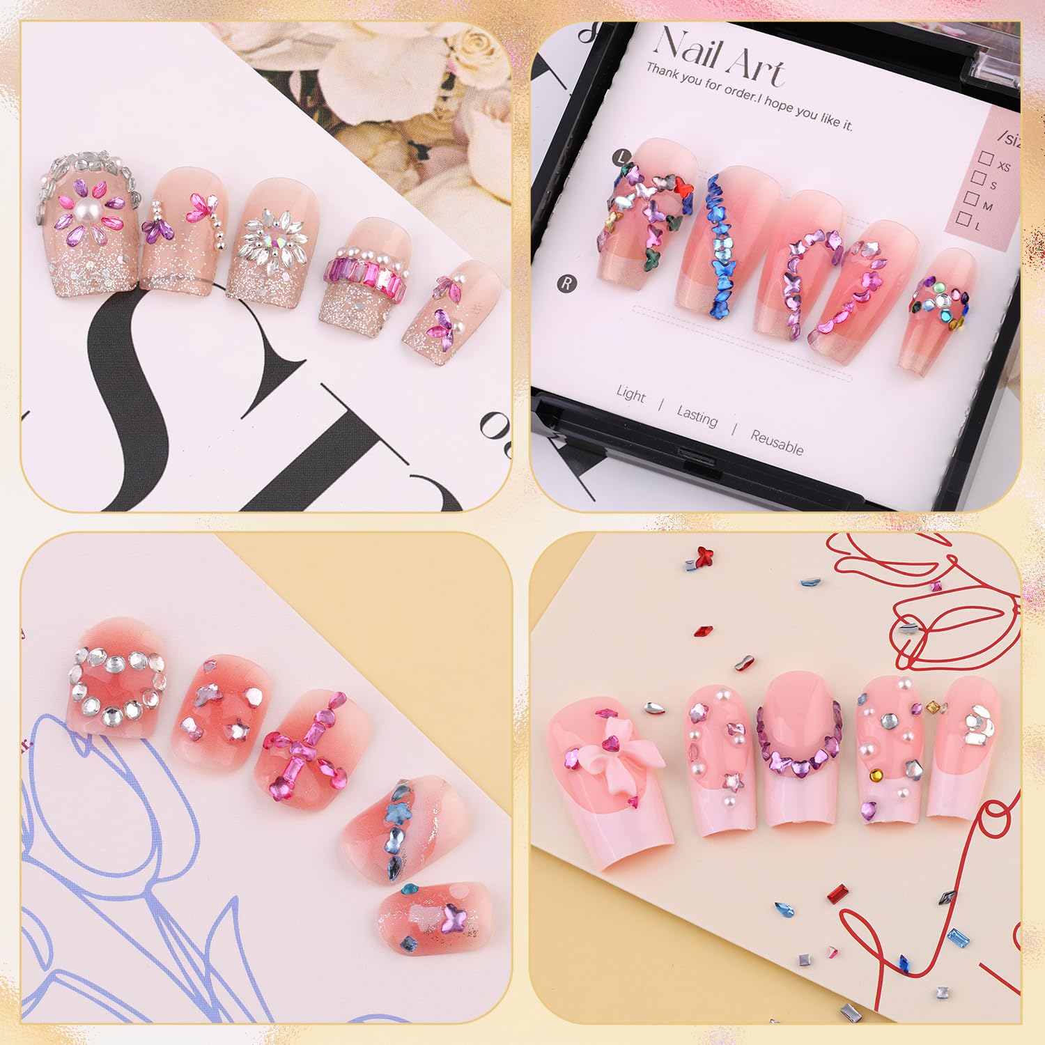 1.2-3 MM 4700 PCS Muliti Shape Colorful Rhinestones for Nail Art, 3D Resin Flatback Bedazzling Gems Mini Flower Bow Heart Star Butterfly, Gems Kit with Tweezers, Pickup Pencil and 15ML Nail Glue-FemmiqueWomen