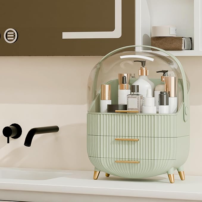 Makeup Organizers and Storage, Make up Organizer for Vanity Cosmetics Skincare Organizers With Lid and Drawers Display Cases for Countertop（Light Green）-FemmiqueWomen