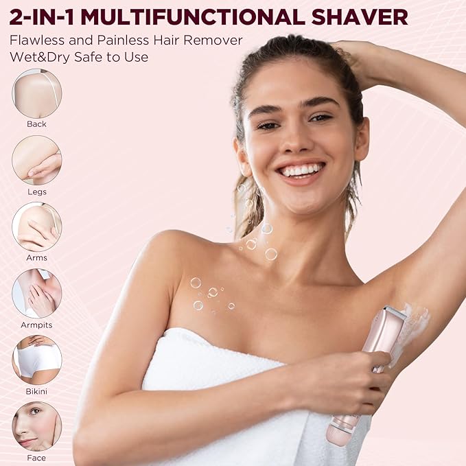2 in 1 Women Electric Shaver, Dual Head Bikini Trimmer for Women IPX7 Waterproof Wet & Dry Use Electric Razors with Dual Heads Rechargeable Lady Trimmer for Bikini Underarm Leg Arm Body Face-FemmiqueWomen