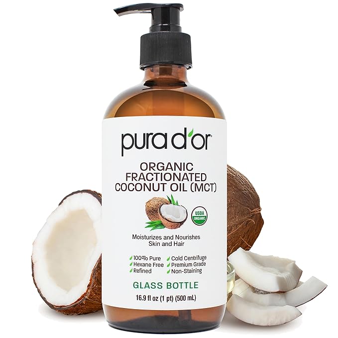 PURA D'OR 16.9 Oz ORGANIC Fractionated Coconut Oil MCT Oil (GLASS BOTTLE) 100% Pure & Natural USDA Certified Cold Pressed - Unscented, Hexane Free Moisturizer For Face, Skin & Hair Tonic - Men & Women-FemmiqueWomen