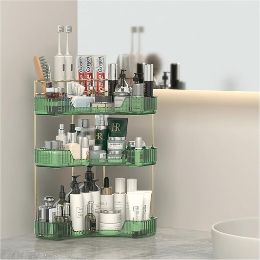3 Tier Corner Bathroom Organizer Countertop, Vanity Makeup Organizer with Brush Holder, Space-Saving Skincare Storage Corner Shelf for Bathroom, Dressing Table, Kitchen-FemmiqueWomen