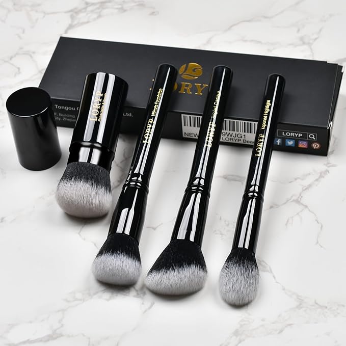 LORYP 4 Pcs Full Face Professional Makeup Brushes Set with Retractable Kabuki Airbrush For Powder,Liquid,Cream,Angled Blush Brush, Foundation Brush, Tapered Highlight Brush-FemmiqueWomen