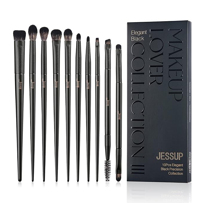 Jessup Eyeshadow Brush Set, 10Pcs Eye Makeup Brushes Professional for Blending Eye Shadow Liner Crease, Duo-end Brow Brush, Elegant Black T337-FemmiqueWomen