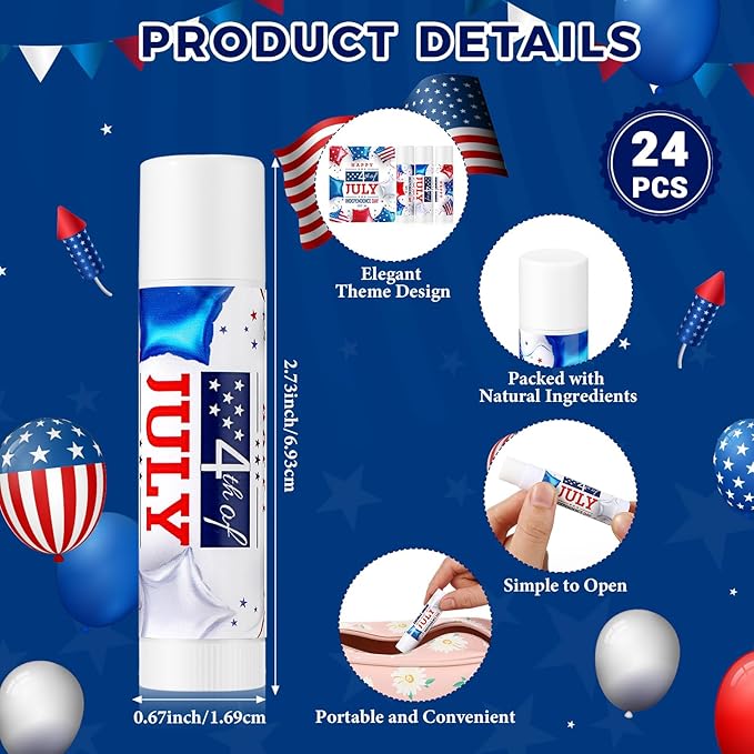 24 Pcs SPF 30 Lip Balm Bulk for Summer Wedding Baby Shower 4th of July Party Sunscreen Lip Balm Sticks Outdoor Travel Sunscreen Care Lip Balm for Thank You Gifts Party Supplies (4th of July)-FemmiqueWomen