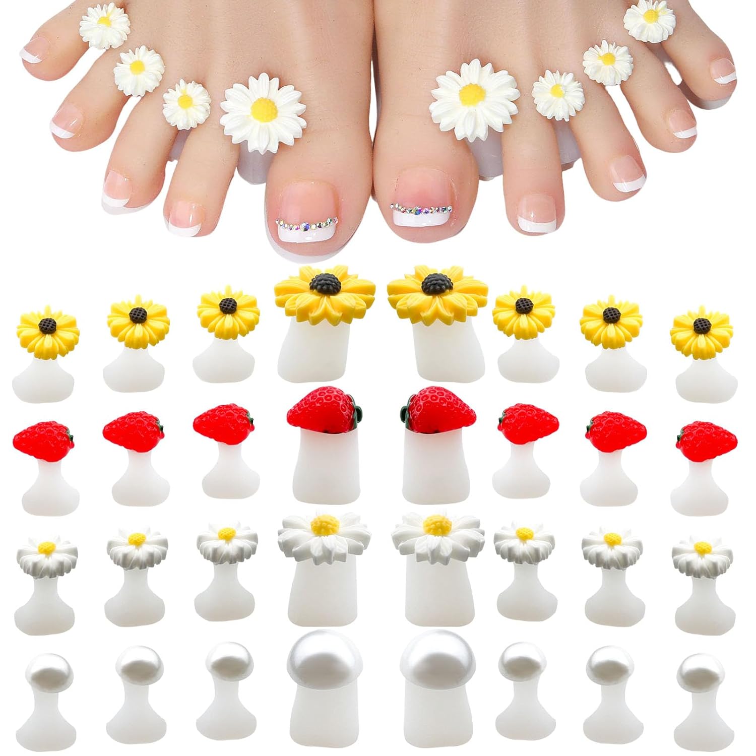32PCS Silicone Toe Separators for Pedicure, Cute Daisy Flower strawberry Pearl Shaped Toe Nail Spacers for Pedicures Nail Art Salon Tools Nail Art Accessories-FemmiqueWomen