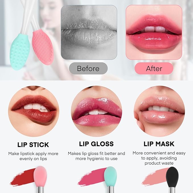 Unaone Lip Scrub Brush - 3 PCS Dual-ended Lip Scrubber Exfoliator and Silicone Lip Brush, 2-in-1 Silicone Lip Scrub Tool Lip Mask Applicator, Gentle Exfoliator & Applicator for Soft-FemmiqueWomen