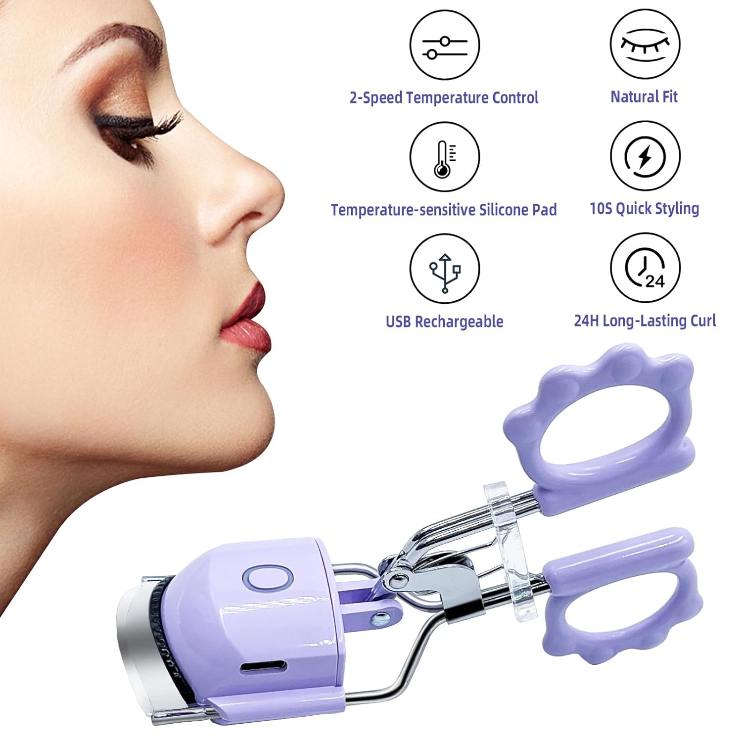 Pinkiou Heated Eyelash Curler for Women USB Rechargeable Lash Curler Long Lasting Ironing Electric Eyelash Curler with Silcone Pad Replacable Great Makeup Tools for Her(Purple)-FemmiqueWomen