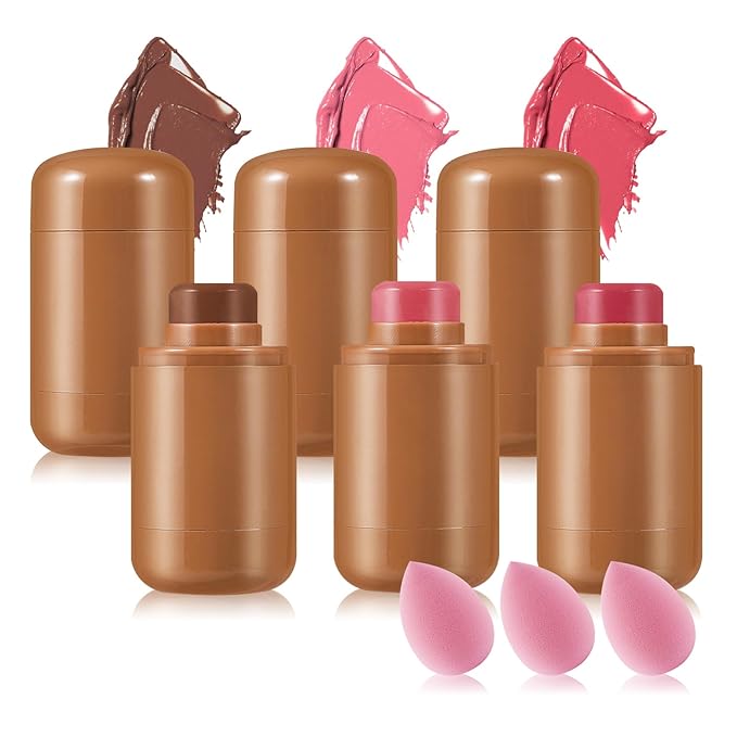3PCS Blush Stick for Cheeks,Multi-use Solid Matte Makeup Stick Blush Cream for Cheek Eyes and Lips Tint,Moisturizing Tinted Cream Blush,Natural Blendable Cheek Blusher with 3 Makeup Sponges A4-FemmiqueWomen