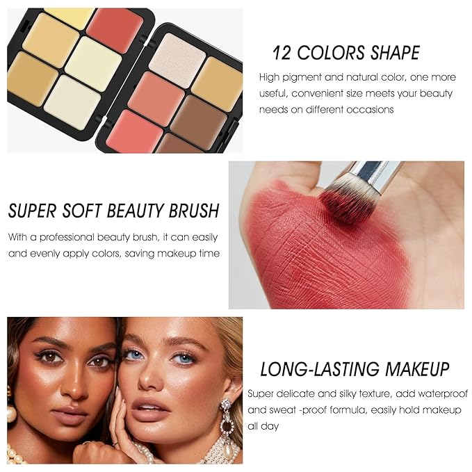 12 Colors Cream [Blush+Contour+Concealer+Highlighter] Makeup Palette for Cheeks - Multi-functional Makeup Palette with Brush, Natural Matte Long Wearing, Waterproof Face Makeup Palette (#05)-FemmiqueWomen