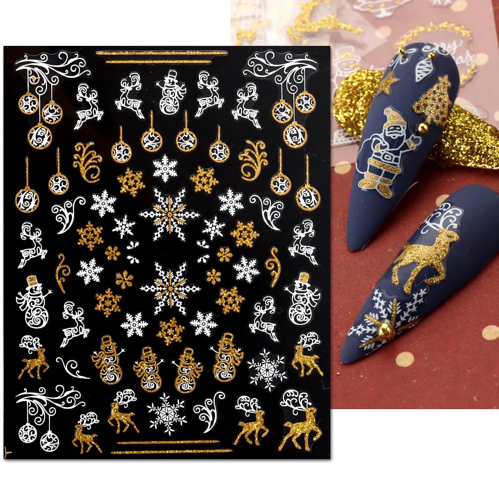 JMEOWIO 9 Sheets Christmas Nail Art Stickers Decals Self-Adhesive Pegatinas Uñas Bling Snowflake Snowman Holiday White Gold Nail Supplies Nail Art Design Decoration Accessories-FemmiqueWomen