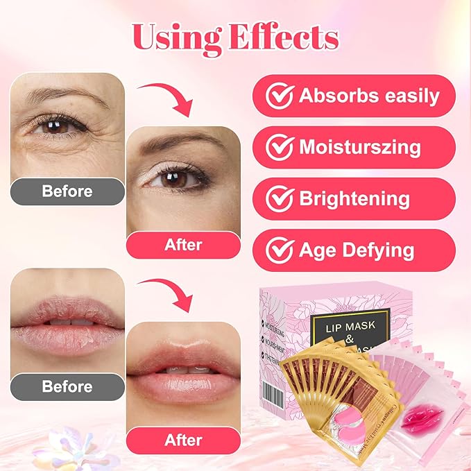 30 Pads Lip Masks & Eye Masks,Under Eye Mask Skincare,Crystal Collagen Lip Mask Sheet,Under Eye Patches for Puffy Eyes and Dark Circles,Moisturizing,Anti-Aging,Reducing Fine Lines,Pink-FemmiqueWomen