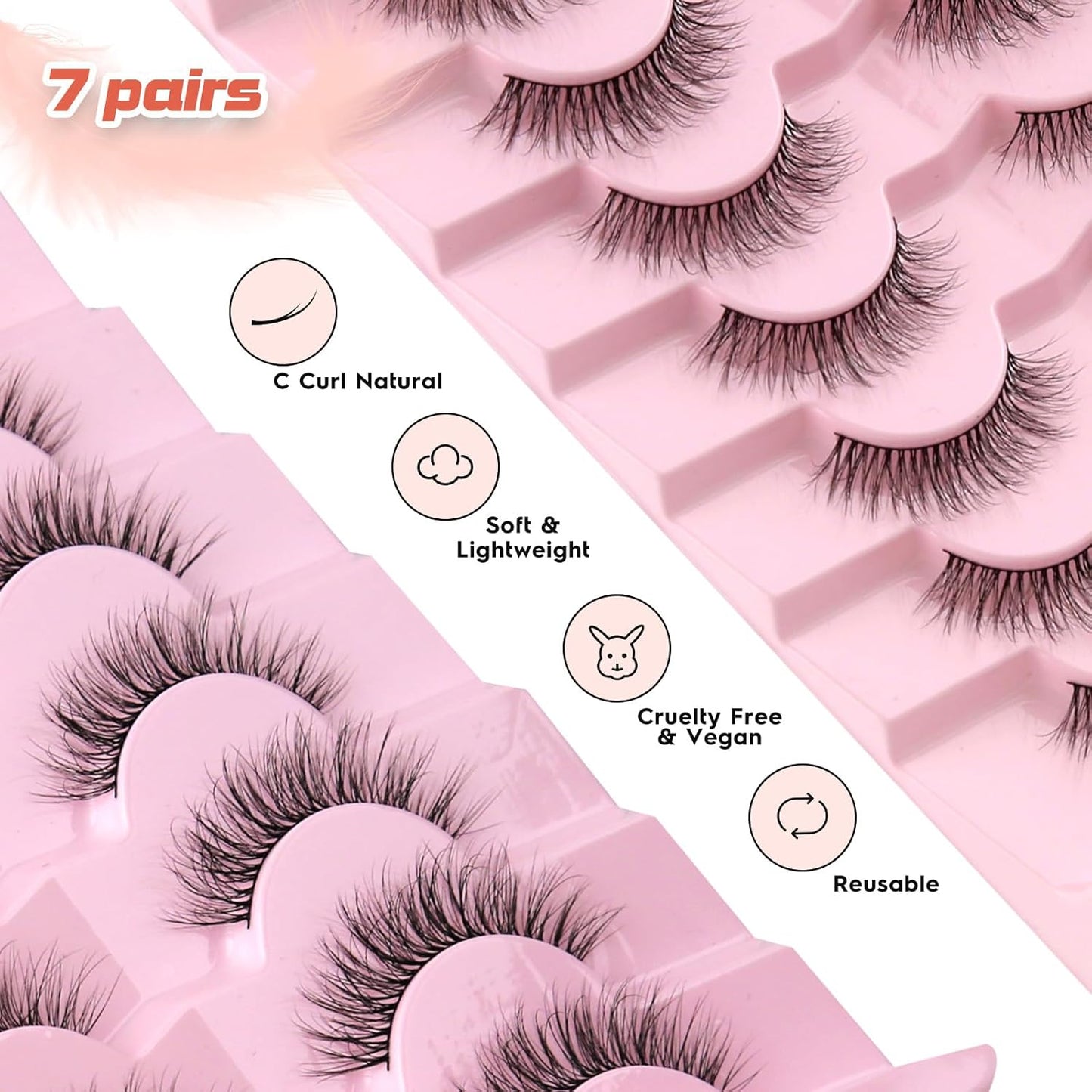 Natural Lashes Eyelashes Wispy 12mm False Lashes Soft Strip Lashes 3D Volume Eyelashes Thin Cotton Band Natural Eye Lashes C Curl Eyelash Siligli Lash Pack 7 Pair-FemmiqueWomen