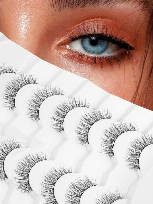 Eyelashes Short Natural Lashes Wispy Eyeashes Natural Look 10mm Strip Lashes False Eyelashes C Curl Eye Lashes Pack 0.1MM Thin Band 3D Volume Soft Eyelash Siligli Lash 7 Pair-FemmiqueWomen